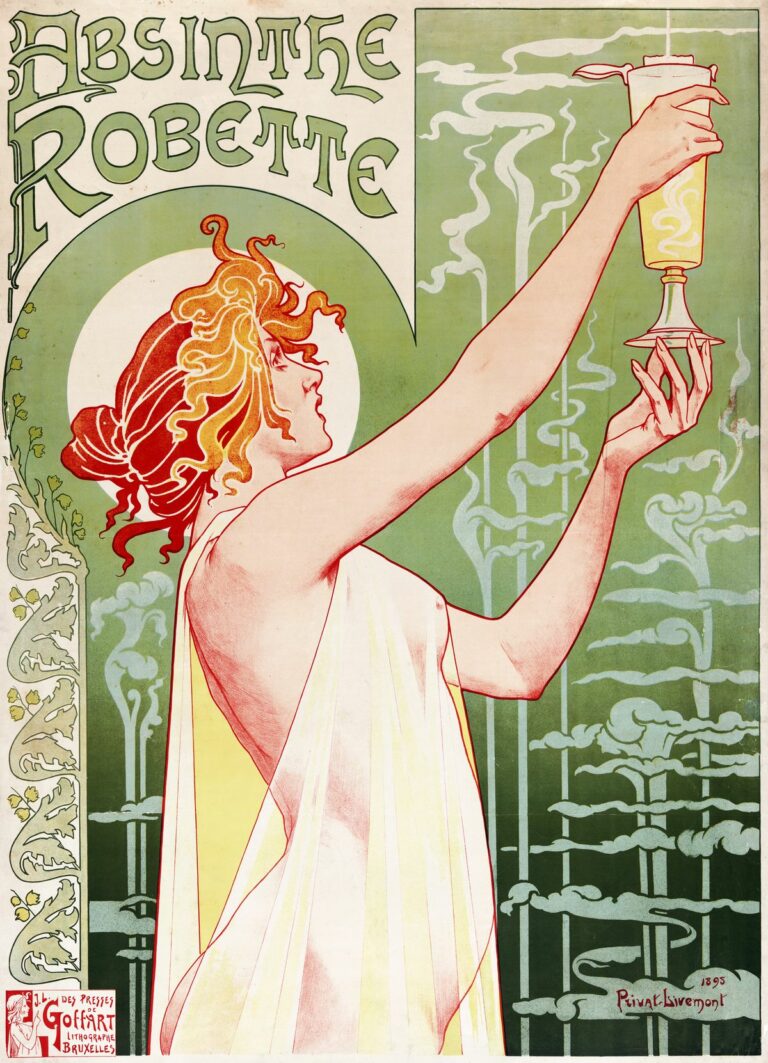 Affiche art nouveau Absinthe Robette par Alphonse Mucha, figure féminine et lignes décoratives.