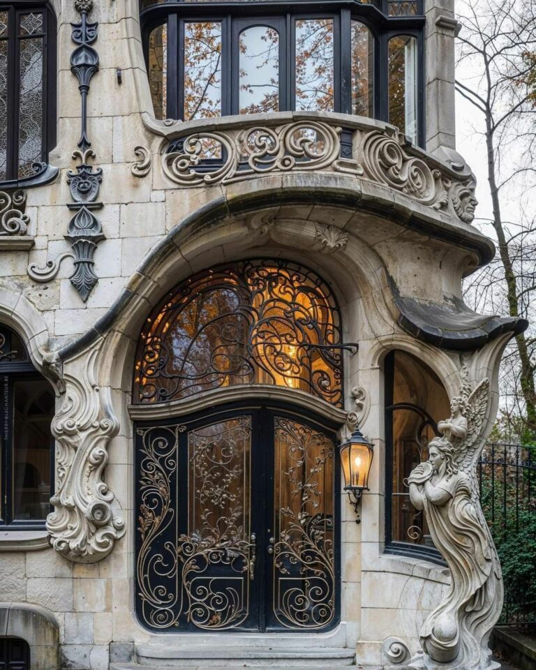 Façade art nouveau avec porte sculptée, ferronnerie décorative et motifs organiques.