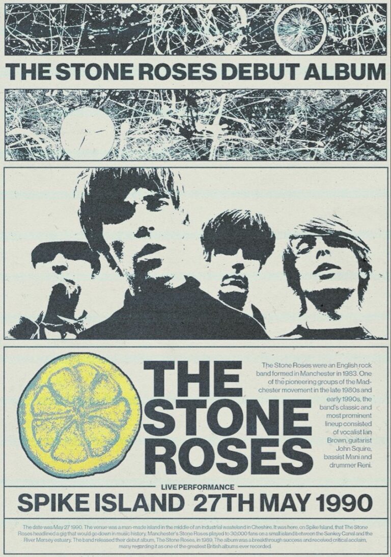 Affiche du groupe The Stone Roses annonçant le concert de Spike Island le 27 mai 1990, visuel emblématique de la scène mancunienne.