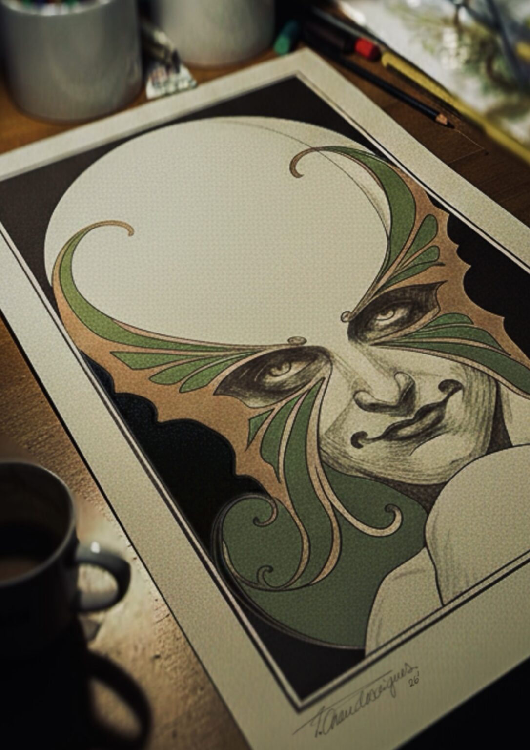 Art Nouveau feminine portrait drawing with green ornamental curves created by London-based tattoo artist Tamara Chaudesaigues