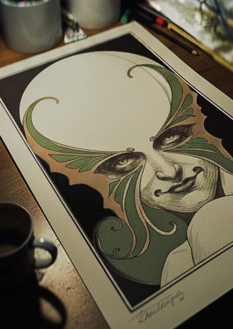 Illustration Art nouveau représentant un portrait féminin aux lignes décoratives et motifs organiques, dessin original réalisé par Tamara Chaudesaigues