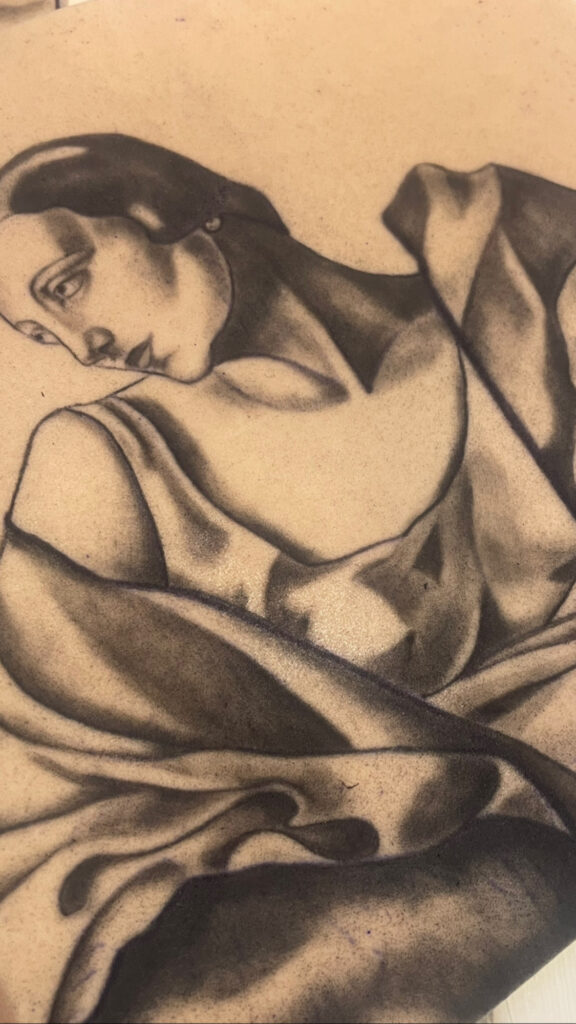 Cubist Art Deco female tattoo inspired by Tamara de Lempicka, black and grey tattoo by Tamara Chaudesaigues, London tattoo artist