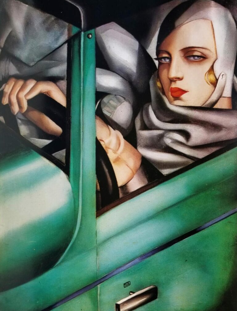 Art Deco painting by Tamara de Lempicka showing a stylised woman driving a green automobile