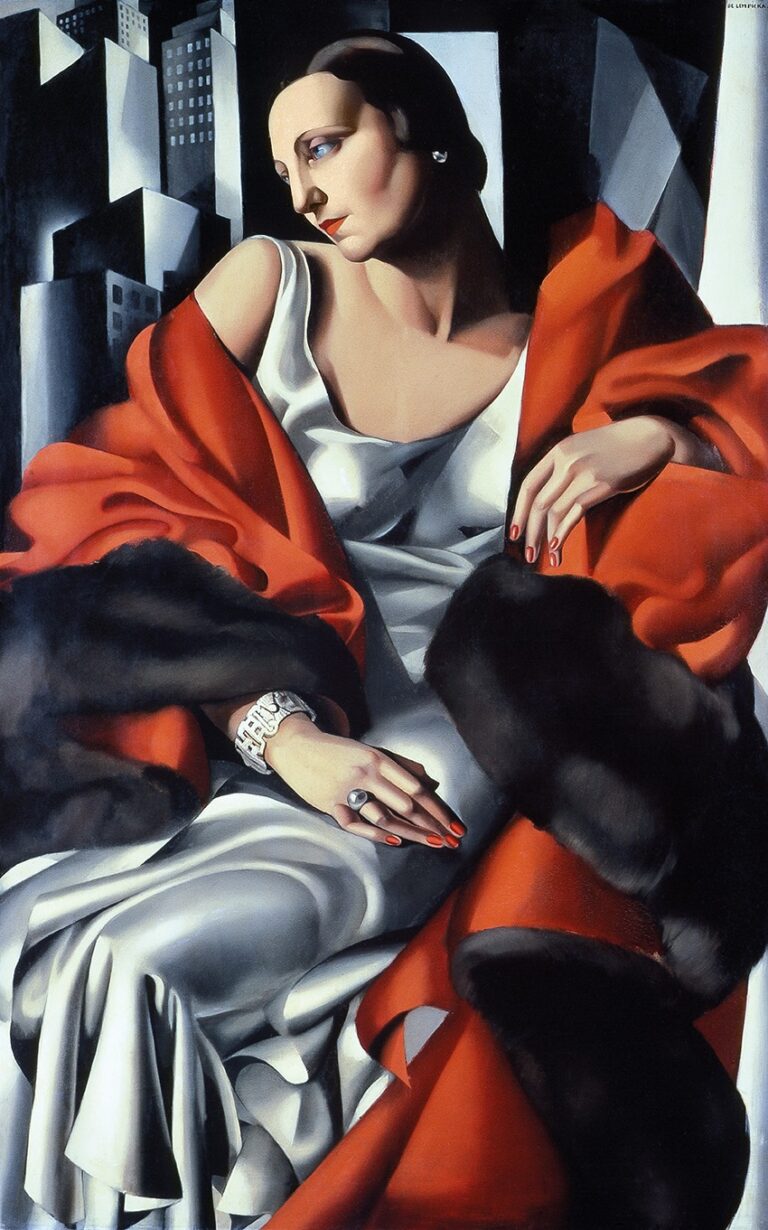 Art Deco painting by Tamara de Lempicka featuring an elegant woman with architectural city forms.