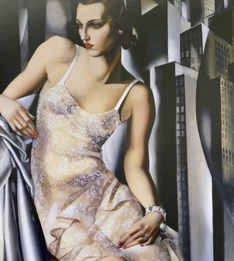 Art Deco portrait by Tamara de Lempicka depicting a modern woman against a geometric city background.
