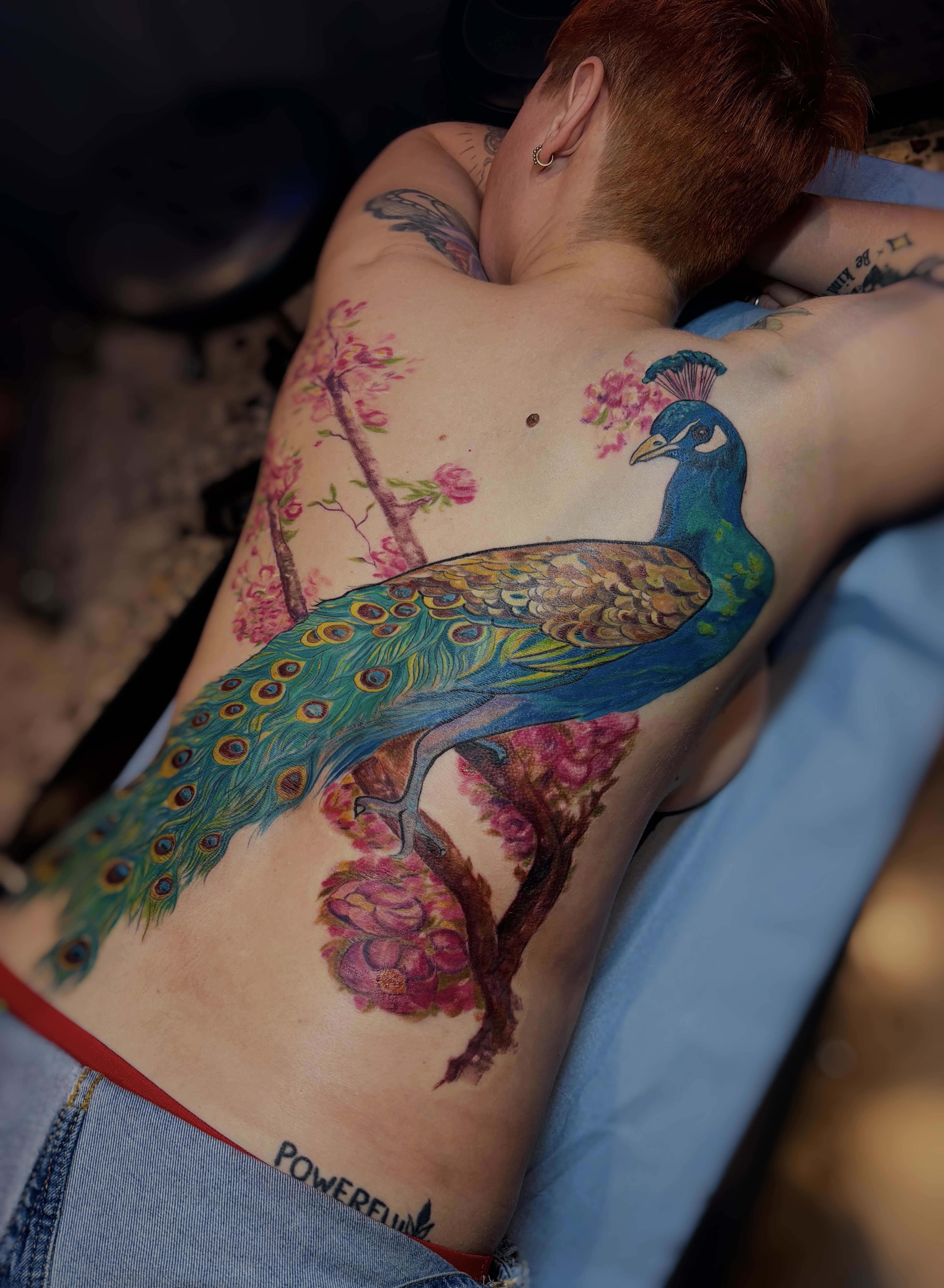 Art Nouveau colour back tattoo with peacock and cherry blossom, Tamara Chaudesaigues tattoo artist London Avignon