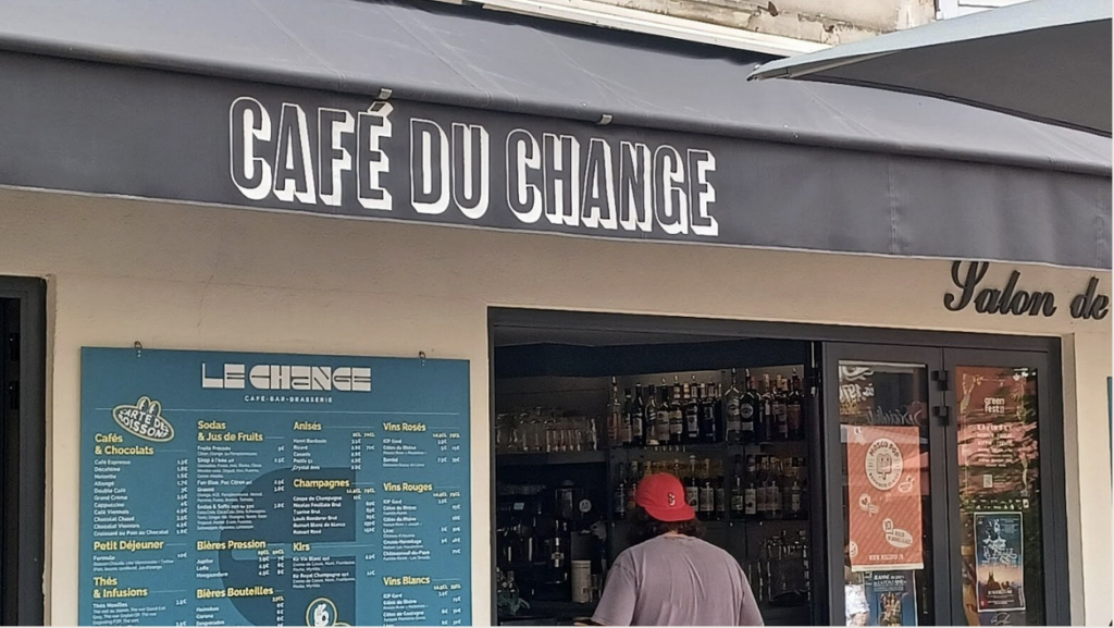 Facade of Café du Change bistrot in Avignon, place du Change, during the Festival
