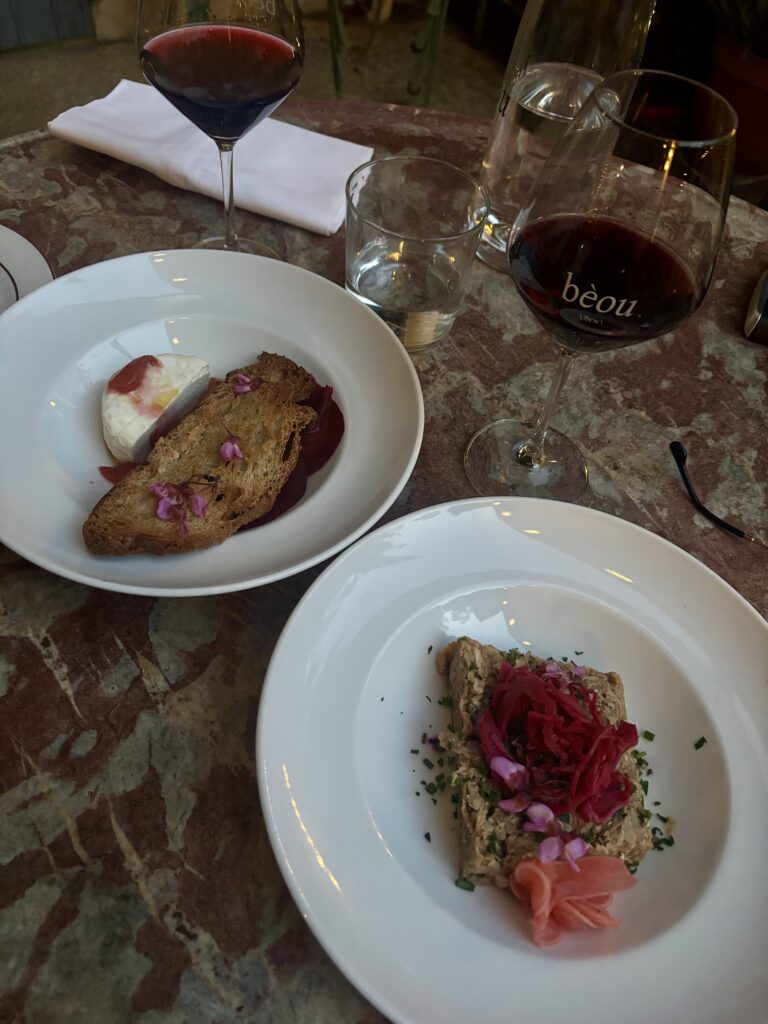 Starters at Le Bèou Avignon, fresh goat cheese toasted bread beetroot and chicken terrine, red wine glasses on marble table