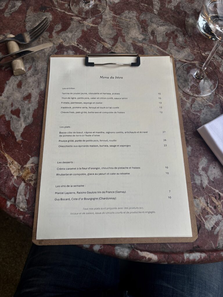 Menu at Le Bèou restaurant in Avignon rue Violette, organic local seasonal produce, marble table