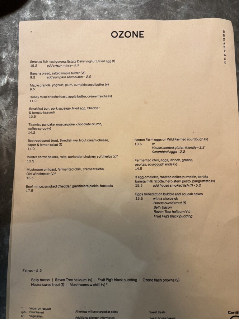 Breakfast menu at Ozone coffee shop, Shoreditch London
