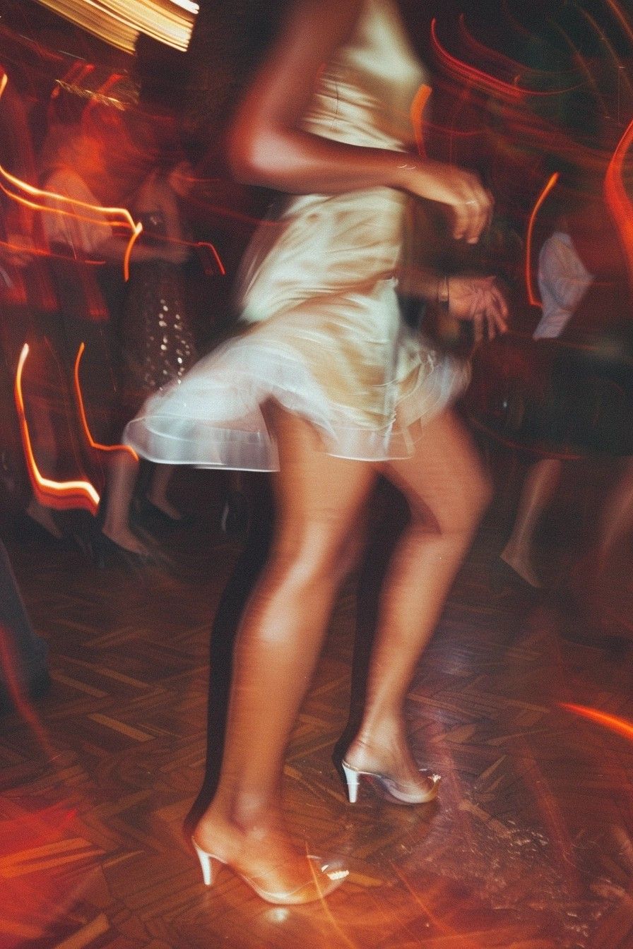 Femme qui danse en robe blanche et talons lors d'une soirée, lumières chaudes et floutées, ambiance nocturne festive