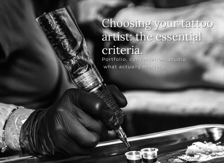 Tamara Chaudesaigues tattoo artist working in her studio in Avignon, illustration of choosing a professional tattoo artist