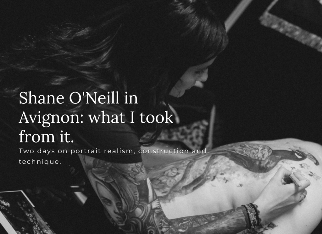 Shane O'Neill seminar Avignon cover visual, Tamara Chaudesaigues tattooing in black and white