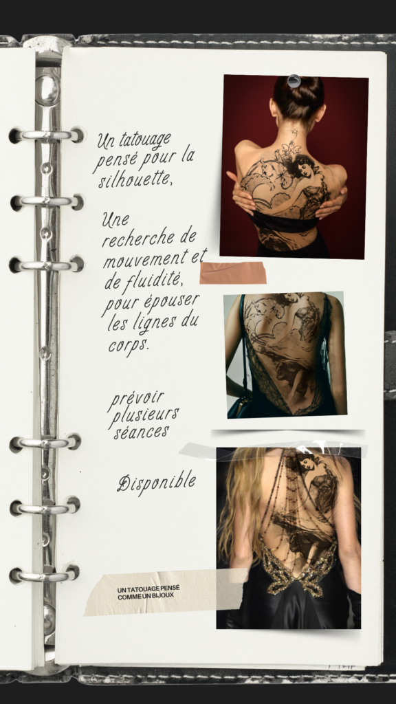  Moodboard black and grey back tattoo project inspired by Édouard Bisson, Tamara Chaudesaigues, available in London