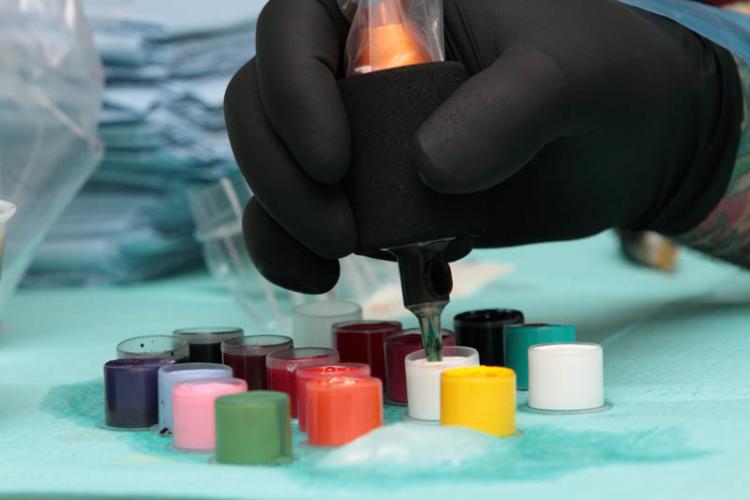Colour ink caps used during Jeff Gogue's tattoo seminar at Graphicaderme in Avignon
