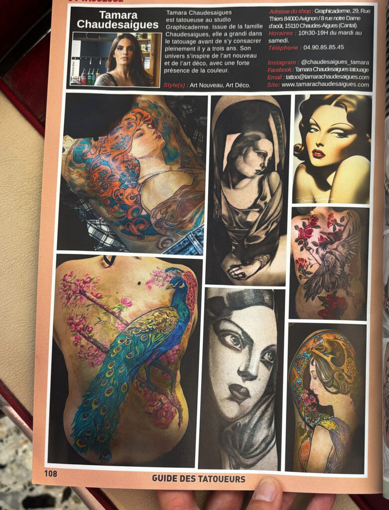 Page de Tamara Chaudesaigues dans le Guide des Tatoueurs 2026 de Tatouage Magazine, section Vaucluse Avignon, page 108