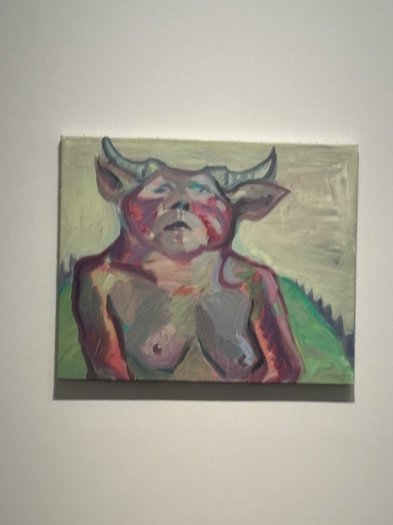 Painting depicting a self-portrait with the wild features of Maria Lassnig at LUMA Arles