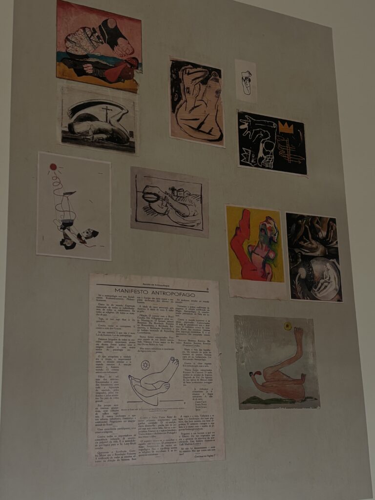 Documents, drawings and reproductions gathered on a wall of the Maria Lassnig exhibition at LUMA Arles