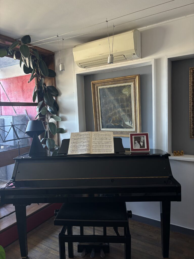 Piano, partitions, tableaux et grande plante dans le séjour d’un duplex de la Cité Radieuse