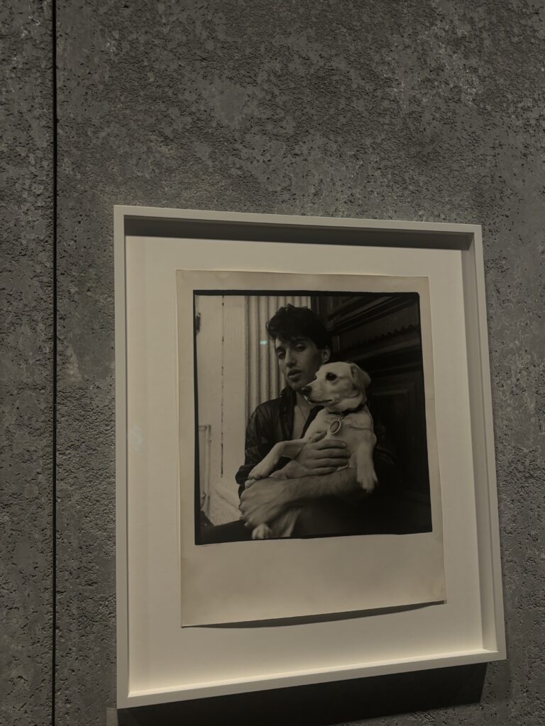 Black and white portrait of a person holding a dog in the exhibition David Armstrong at LUMA Arles