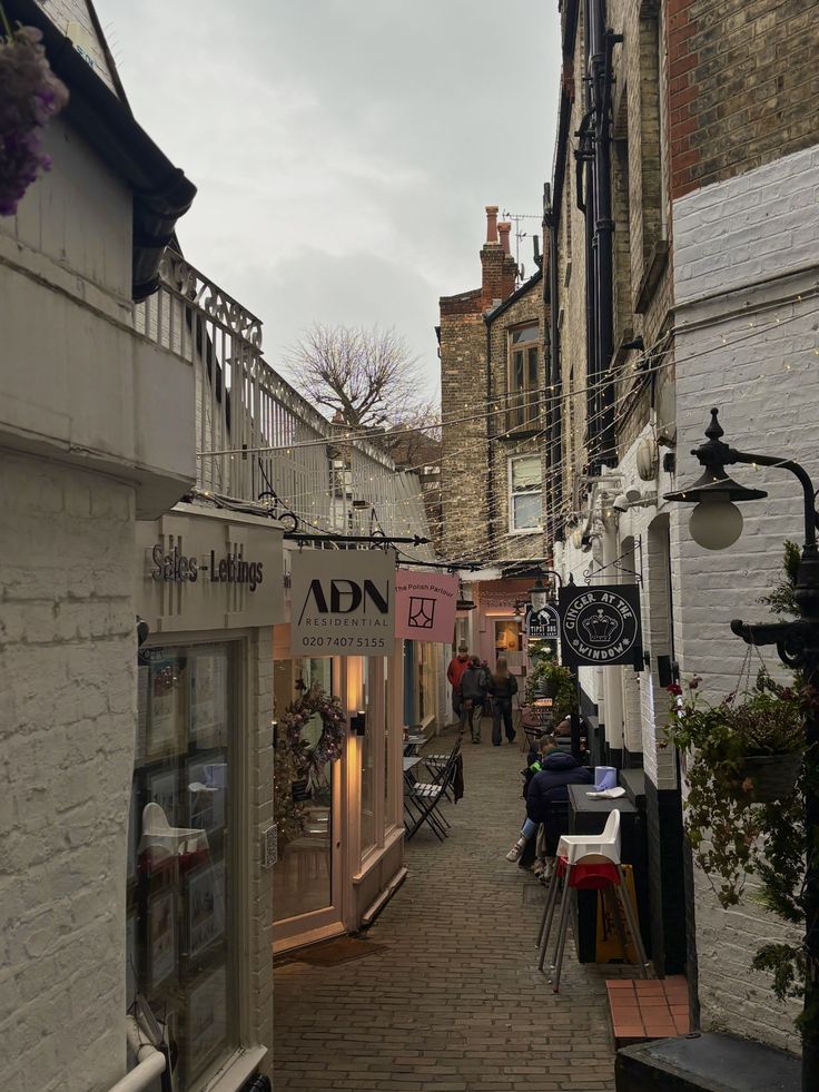 Ruelle pavée du village de Hampstead bordée de boutiques et de cafés