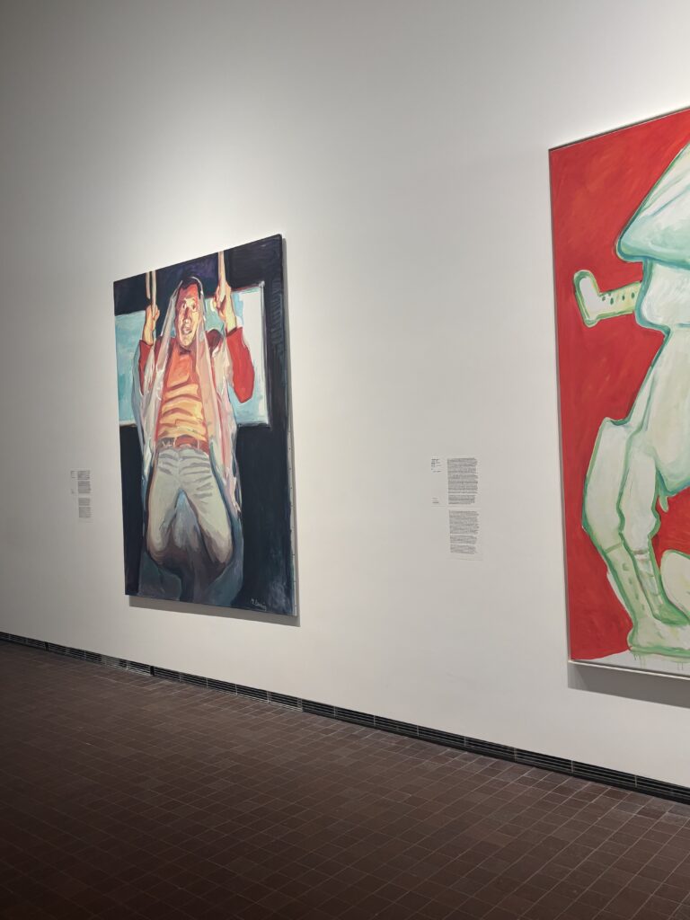 View of two paintings in the room dedicated to Maria Lassnig at LUMA Arles