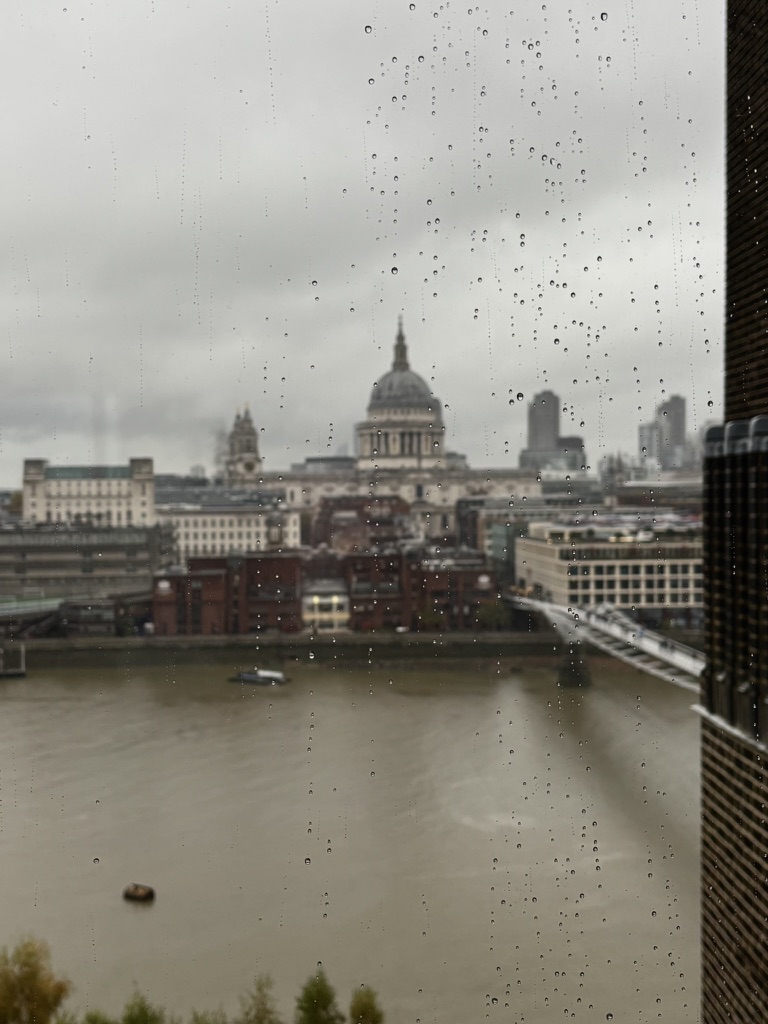 Cathédrale Saint-Paul vue à travers une vitre couverte de pluie depuis la Tate Modern