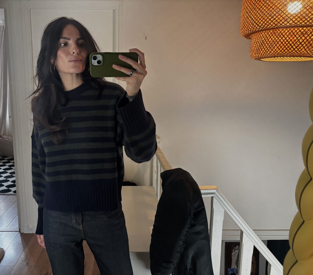 Skall Studio's navy and khaki striped sweater worn with raw jeans