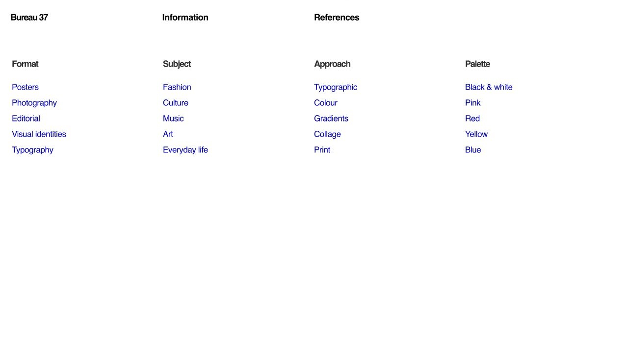 Index of the Bureau 37 site organized by format, subject, color and graphic approach by Tamara Chaudesaigues